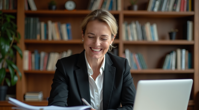 Différence entre gestion de patrimoine et banque d’investissement : comparaison Femme d affaires souriante dans un bureau cosy