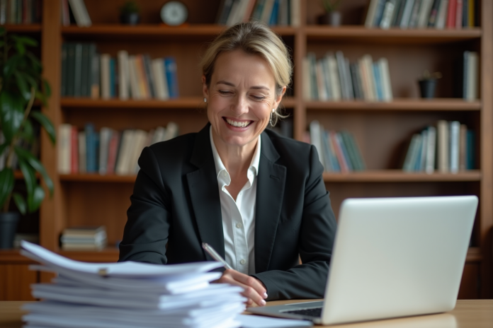 Femme d affaires souriante dans un bureau cosy
