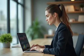 Jeune femme d'affaires en bureau moderne regardant des graphiques