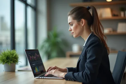 Jeune femme d'affaires en bureau moderne regardant des graphiques