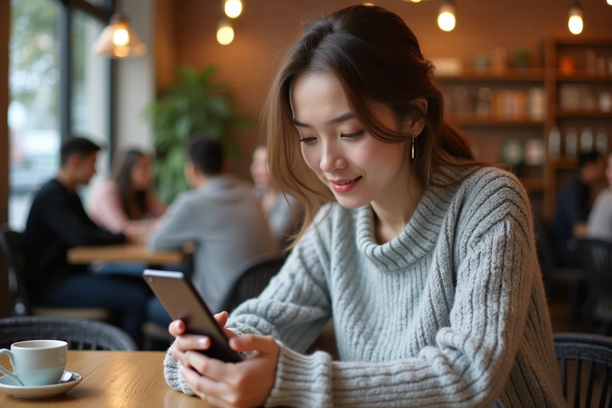 Jeune femme naviguant sur une application de shopping mobile depuis un café moderne
