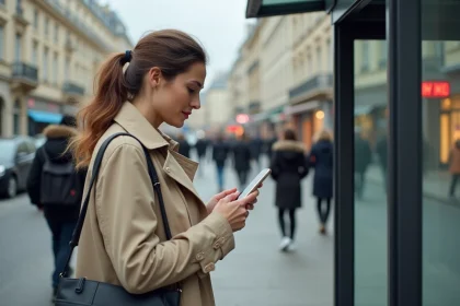 Femme consultant les horaires de bus en temps réel sur son smartphone à un arrêt de bus parisien