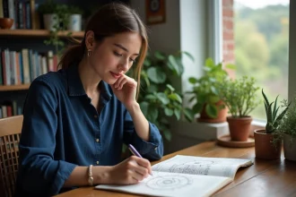 Jeune femme écrivant dans un journal avec une carte astrale