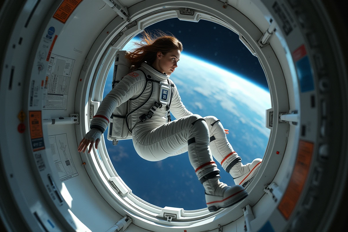 Jeune femme astronaute dans la capsule avec vue sur l