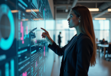 Progression rapide : quel secteur d’activité évolue le plus rapidement ? Jeune femme professionnelle interagissant avec un écran digital dans un espace moderne