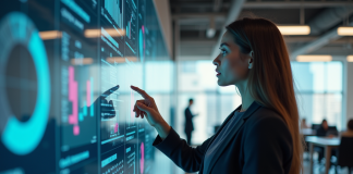 Progression rapide : quel secteur d’activité évolue le plus rapidement ? Jeune femme professionnelle interagissant avec un écran digital dans un espace moderne