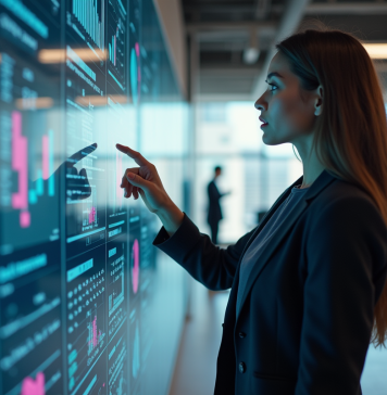 Progression rapide : quel secteur d’activité évolue le plus rapidement ? Jeune femme professionnelle interagissant avec un écran digital dans un espace moderne