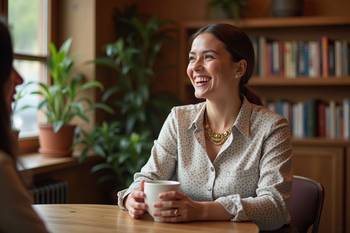 Femme riant au café avec une amie