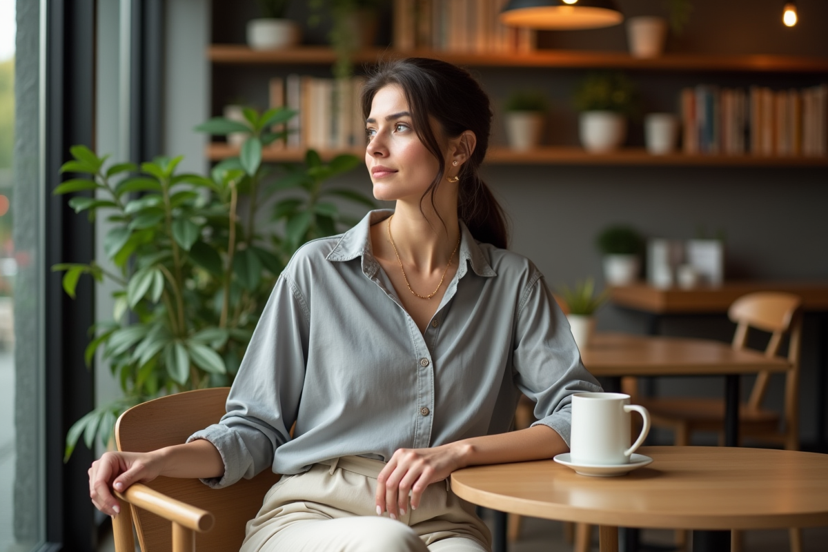 Femme assise dans un café moderne avec tasse à la main
