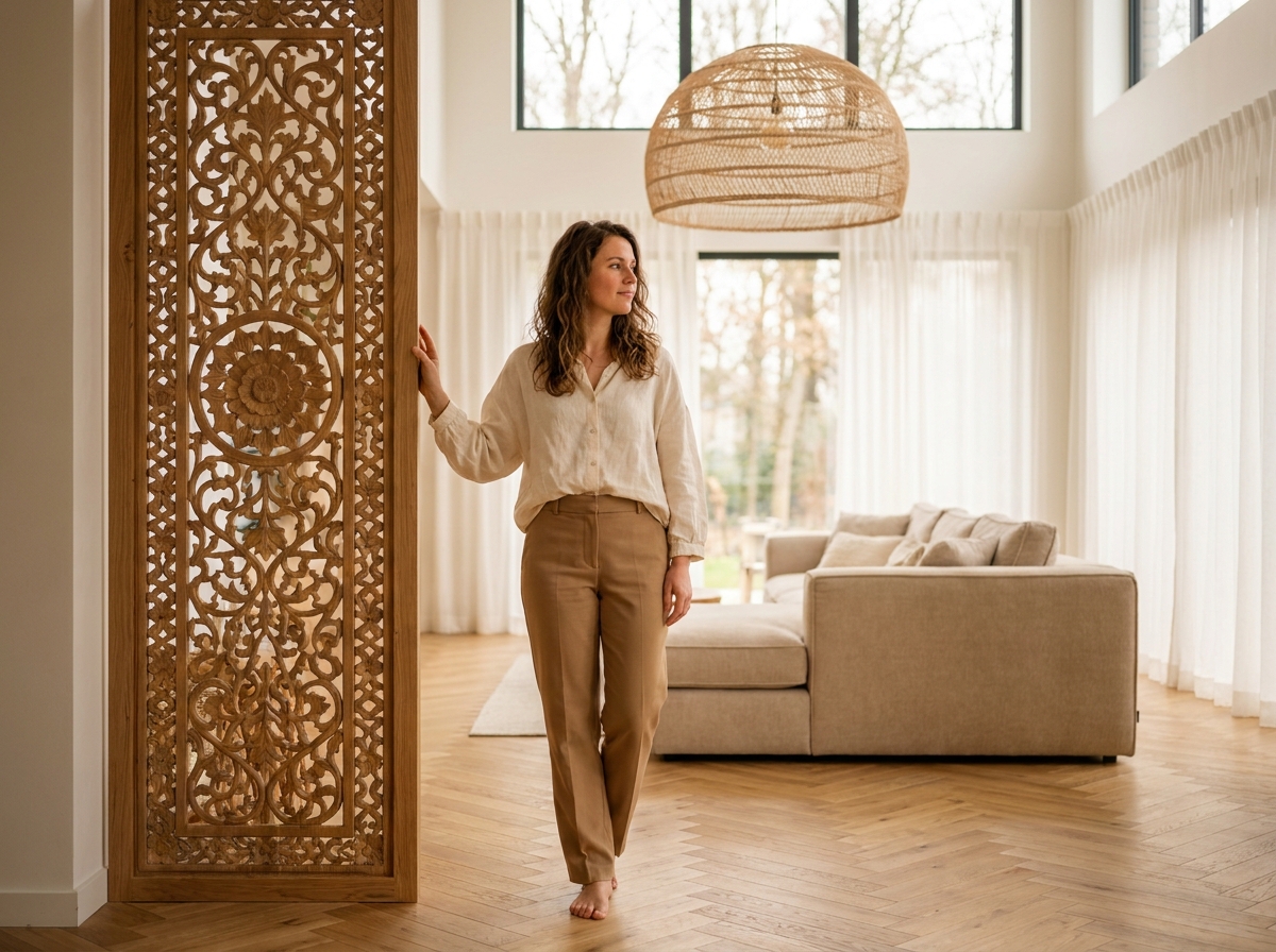 Femme debout près d'un grand claustra en bois dans un salon spacieux avec parquet en chêne et hauteur sous plafond