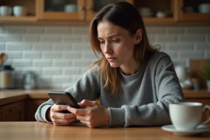 Femme concentrée jouant à un jeu de mots sur son smartphone dans une cuisine moderne, illustrant l'addiction au jeu Cémantix