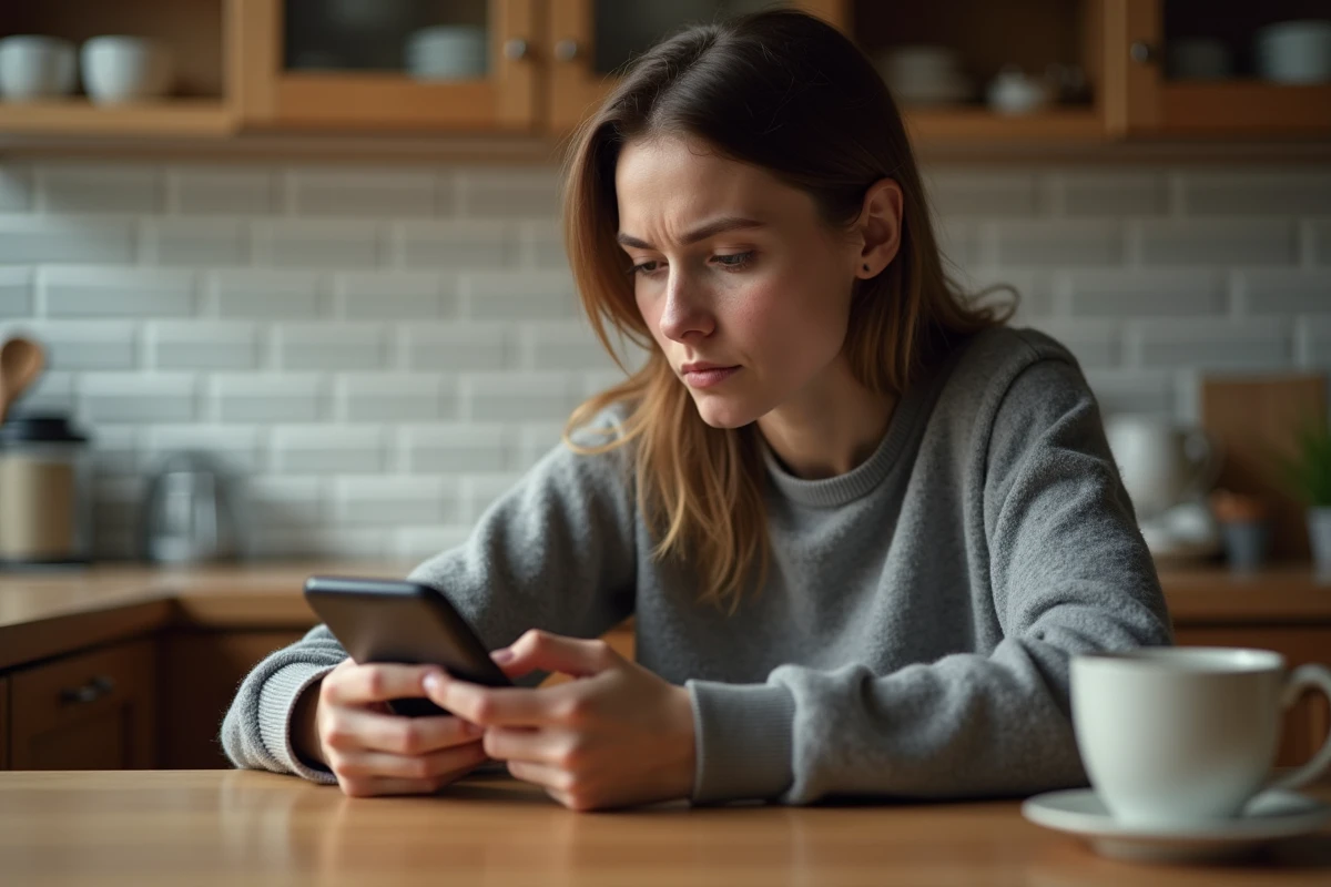 Femme concentrée jouant à un jeu de mots sur son smartphone dans une cuisine moderne, illustrant l'addiction au jeu Cémantix