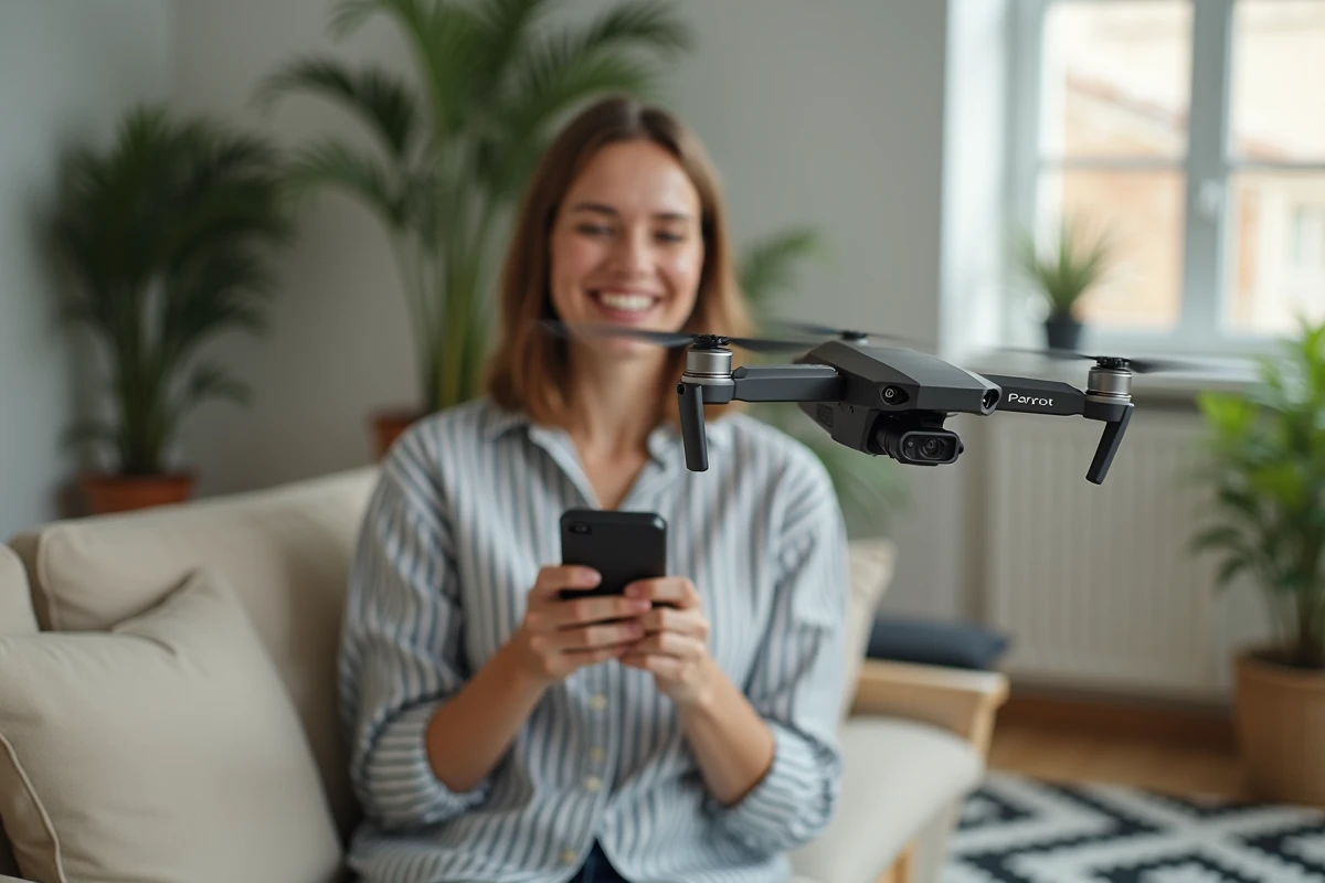 Femme contrôlant un minidrone Parrot en vol dans un salon moderne avec smartphone