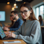 Jeune femme professionnelle utilisant une tablette dans un espace coworking