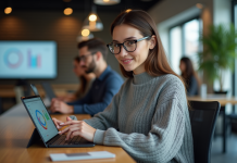 Découvre les avantages de Q+ : la solution incontournable en 2025 ! Jeune femme professionnelle utilisant une tablette dans un espace coworking