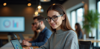 Jeune femme professionnelle utilisant une tablette dans un espace coworking