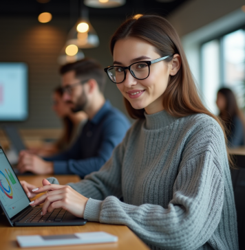 Découvre les avantages de Q+ : la solution incontournable en 2025 ! Jeune femme professionnelle utilisant une tablette dans un espace coworking