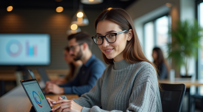 Jeune femme professionnelle utilisant une tablette dans un espace coworking