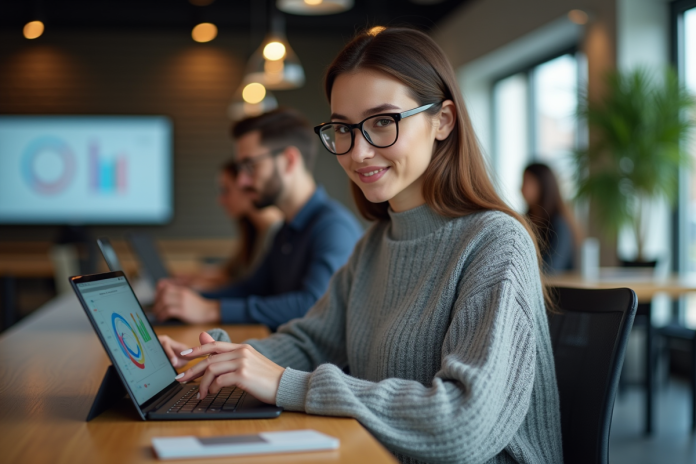 femme-coworking-ordinateur Jeune femme professionnelle utilisant une tablette dans un espace coworking
