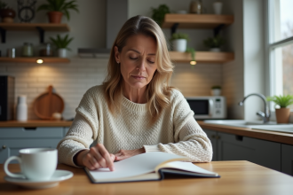 Femme d'âge moyen feuilletant un carnet de comptabilité à la cuisine
