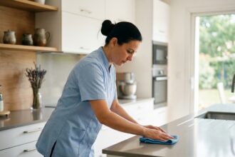 Femme de ménage professionnelle en uniforme bleu nettoyant le plan de travail d'une cuisine moderne à Sénart