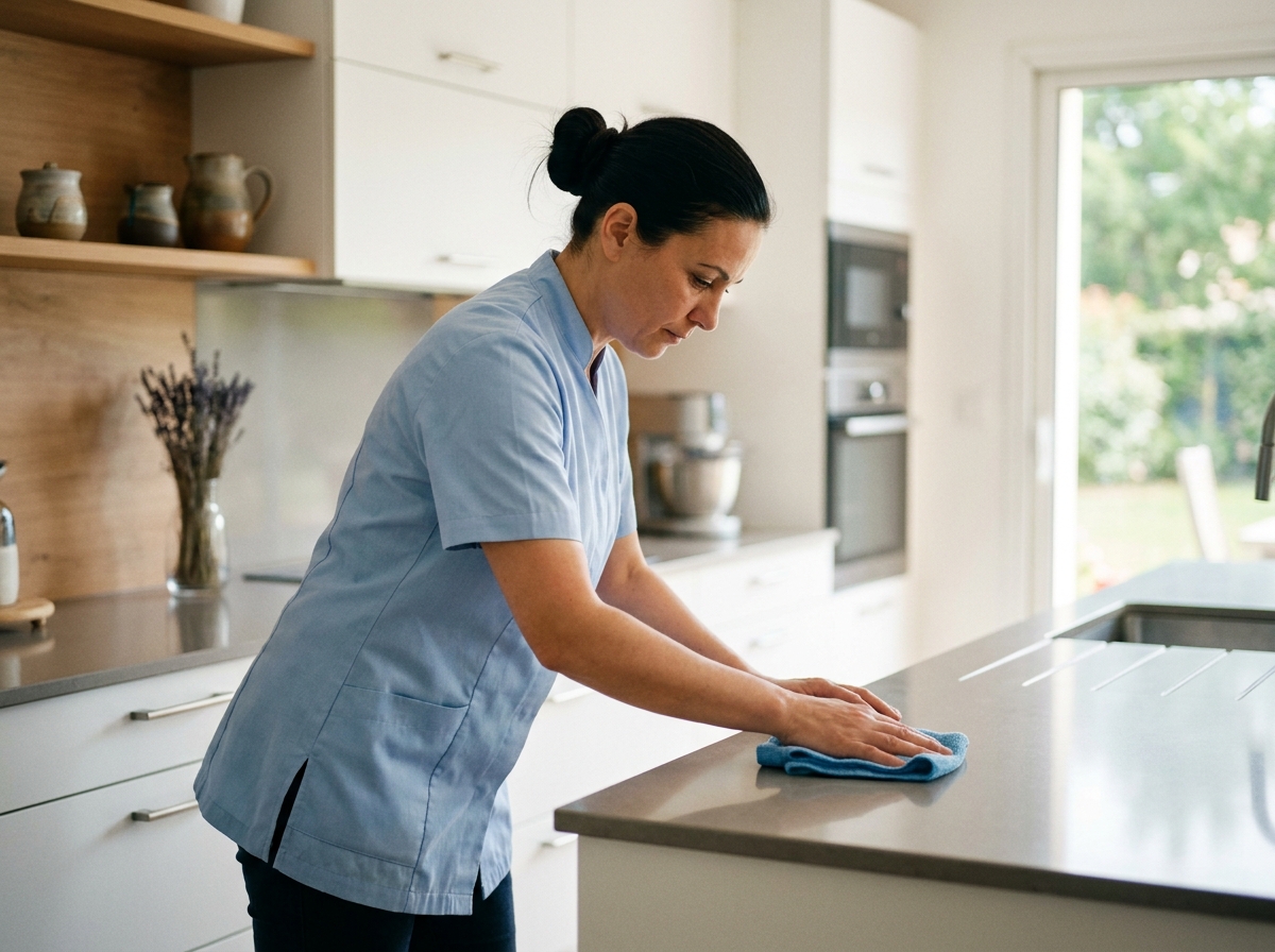 Femme de ménage professionnelle en uniforme bleu nettoyant le plan de travail d'une cuisine moderne à Sénart