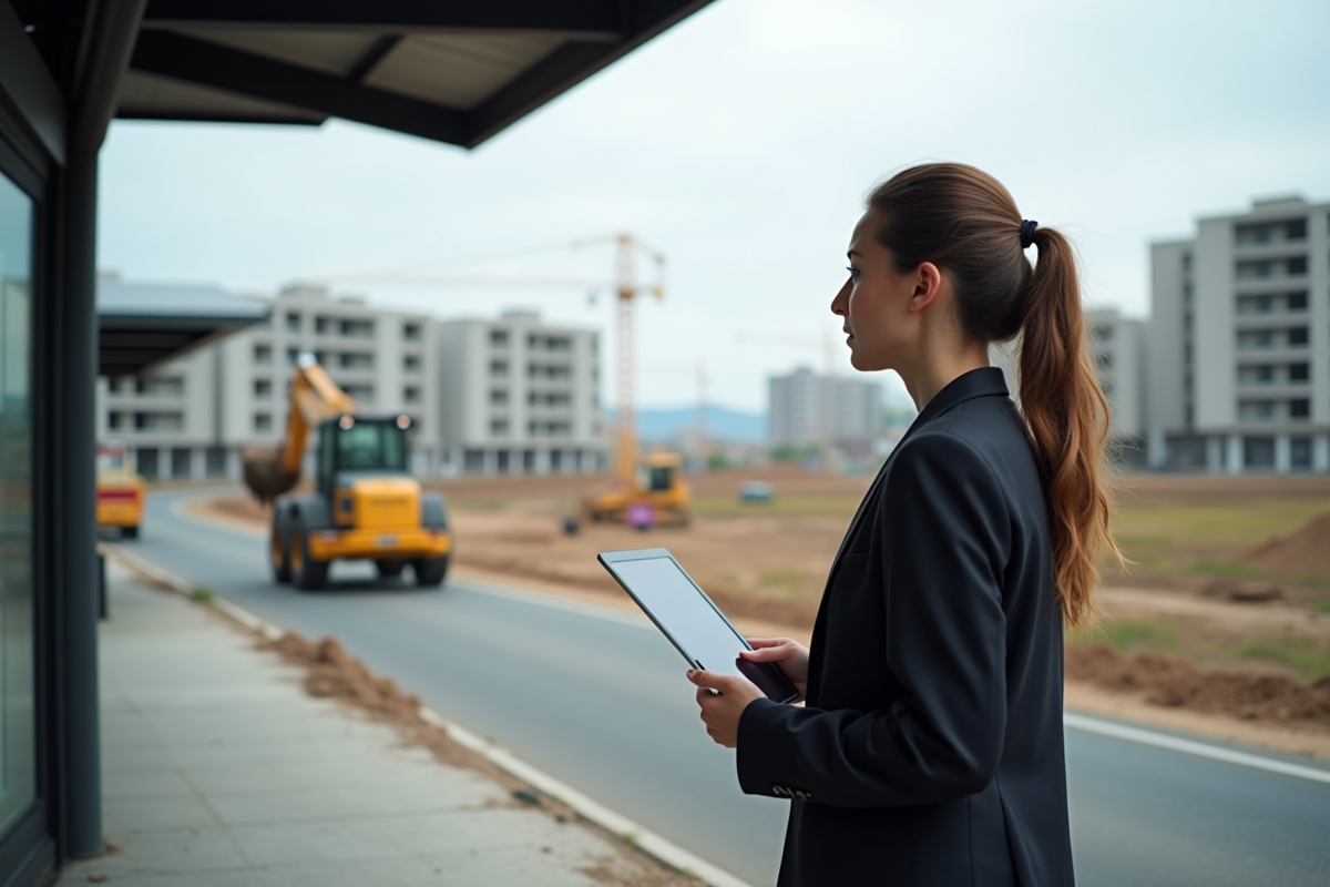 Jeune femme observant le chantier en périphérie urbaine