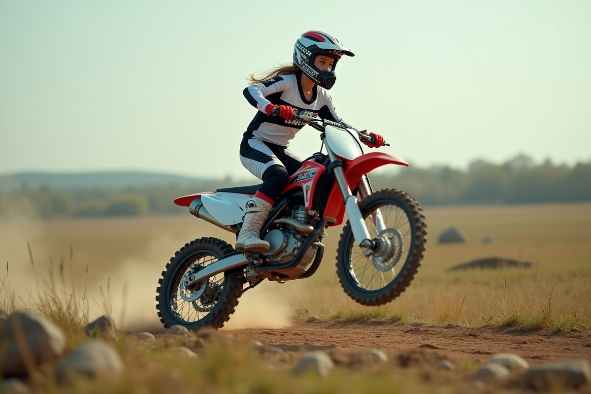 Jeune femme en action sautant sur une moto tout-terrain