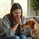 Jeune femme qui éternue avec un chien à côté dans la pièce