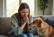 Jeune femme qui éternue avec un chien à côté dans la pièce