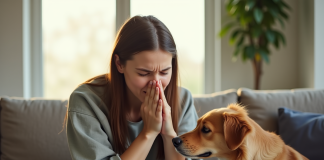 Jeune femme qui éternue avec un chien à côté dans la pièce