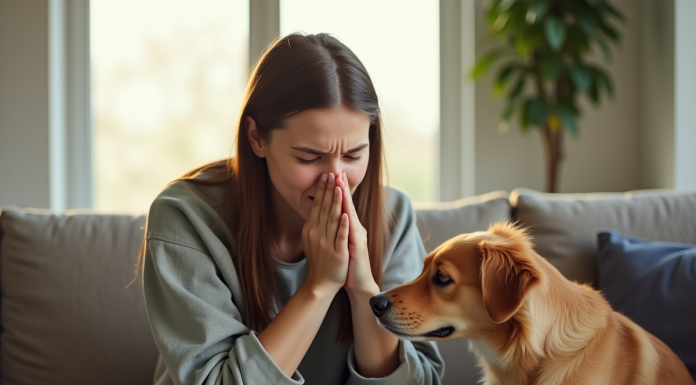 Jeune femme qui éternue avec un chien à côté dans la pièce