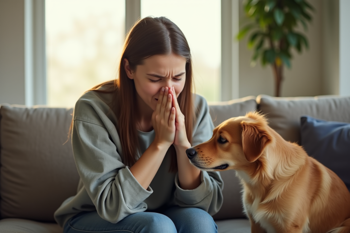 femme-eczema-chien-sneeze Jeune femme qui éternue avec un chien à côté dans la pièce