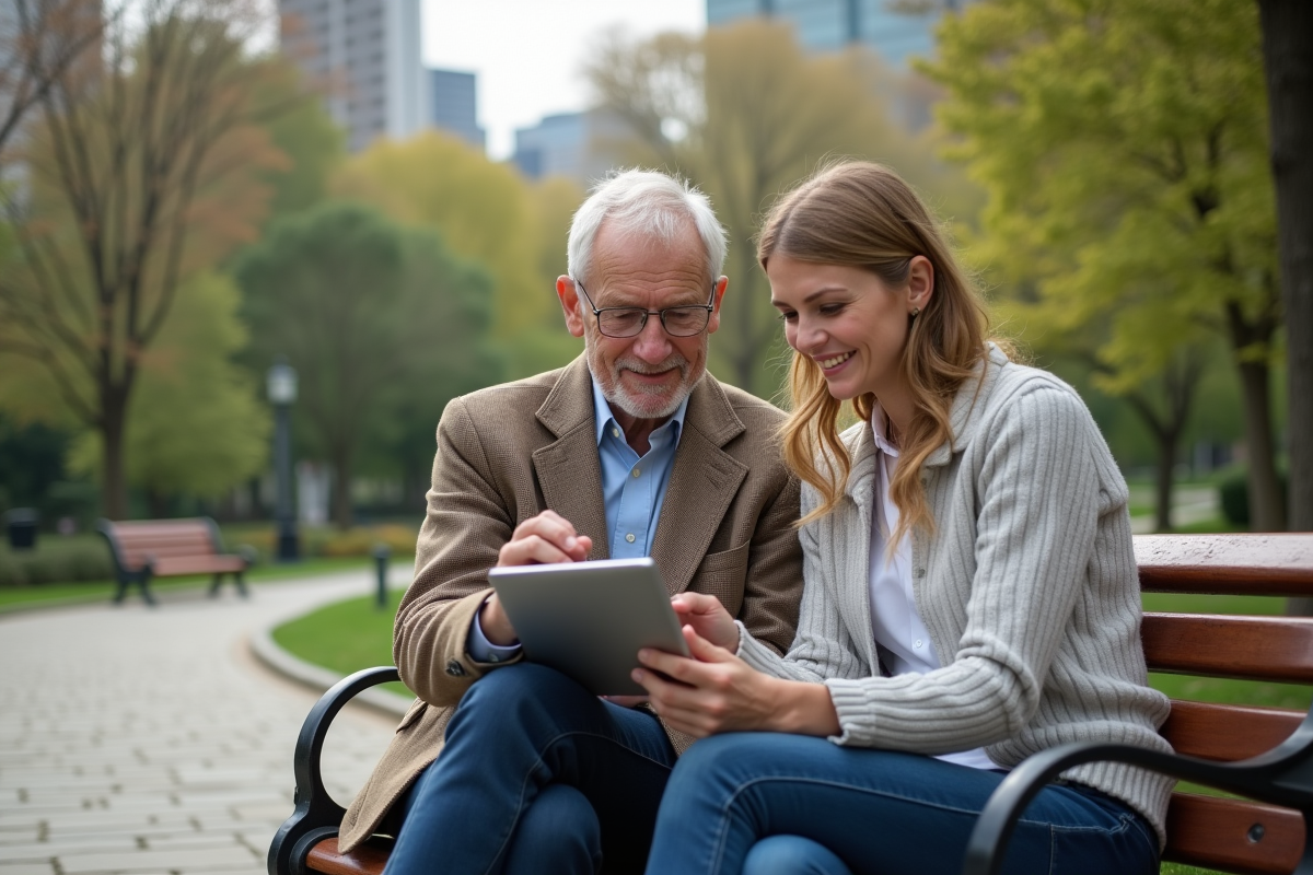 Femme âgée et jeune femme regardant une tablette dans un parc