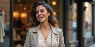 Femme souriante en robe élégante en ville