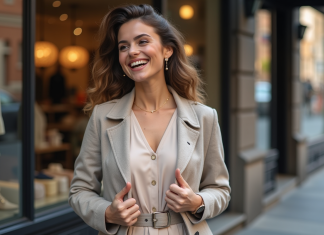 Femme souriante en robe élégante en ville