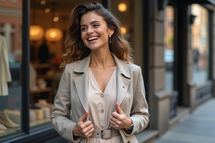 Femme souriante en robe élégante en ville