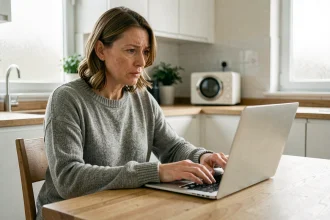 Femme envoyant un email au service client Darty depuis sa cuisine pour signaler une panne d'appareil électroménager