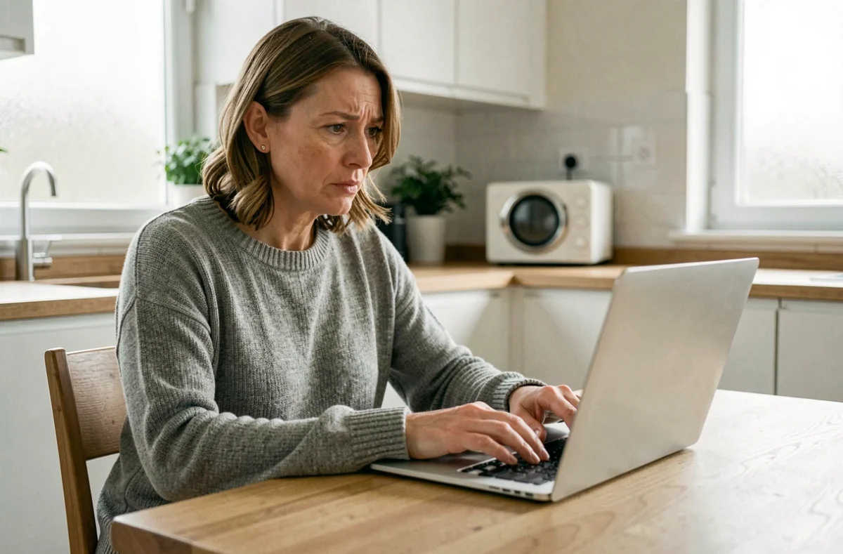 Femme envoyant un email au service client Darty depuis sa cuisine pour signaler une panne d'appareil électroménager