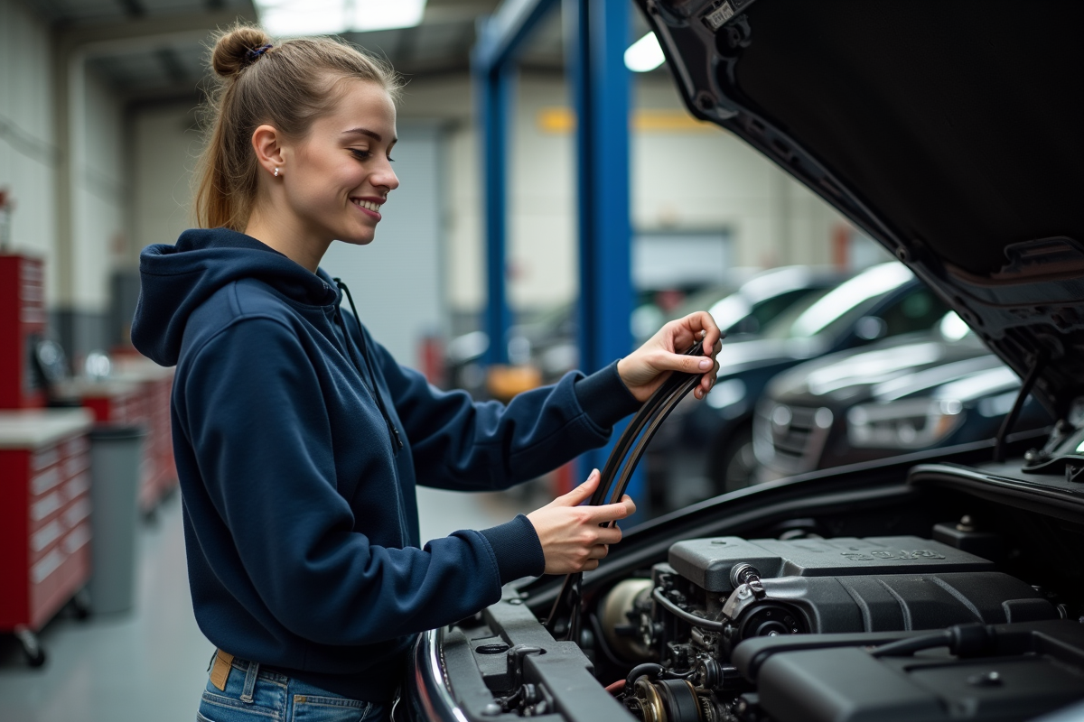 Jeune femme ajuste une courroie sur un moteur en atelier auto