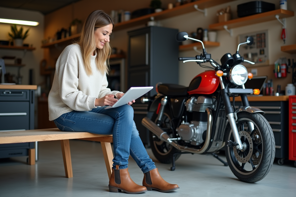Femme dans son garage avec moto 125cc et documents