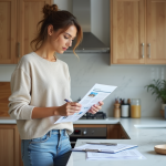 Estimez le prix de votre maison : méthodes et conseils simples à appliquer Femme réfléchissant avec rapport immobilier dans la cuisine