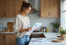 Estimez le prix de votre maison : méthodes et conseils simples à appliquer Femme réfléchissant avec rapport immobilier dans la cuisine