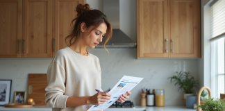 Estimez le prix de votre maison : méthodes et conseils simples à appliquer Femme réfléchissant avec rapport immobilier dans la cuisine