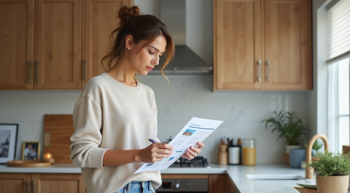 Estimez le prix de votre maison : méthodes et conseils simples à appliquer Femme réfléchissant avec rapport immobilier dans la cuisine