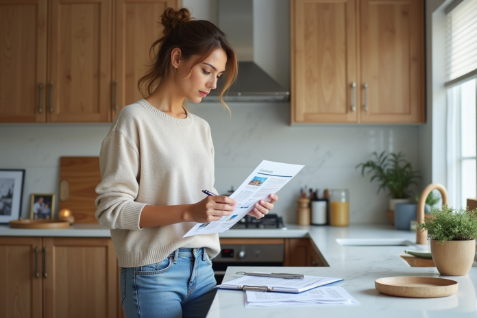 Femme réfléchissant avec rapport immobilier dans la cuisine