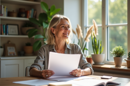 Femme d'âge moyen souriante avec documents immobiliers dans un salon lumineux