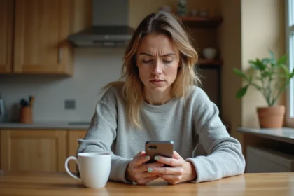 Femme seule regardant son téléphone avec inquiétude, se demandant si son partenaire l'aime vraiment