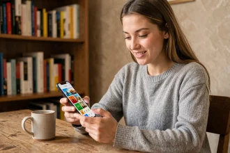 Jeune femme jouant à un jeu de mot 4 images 1 mot sur smartphone, assise à un bureau en bois dans un cadre cosy