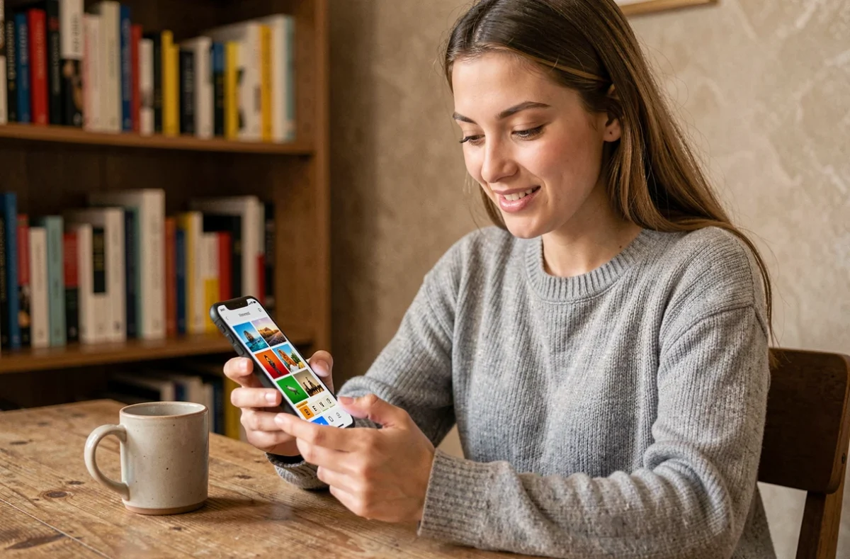 Jeune femme jouant à un jeu de mot 4 images 1 mot sur smartphone, assise à un bureau en bois dans un cadre cosy